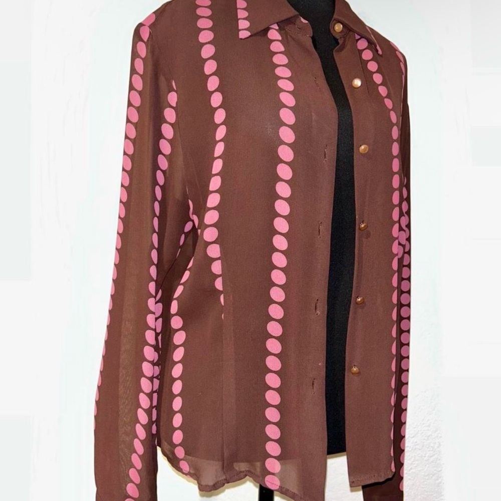 Retro Polka Dot Sheer Blouse Size 14 Brown Pink Vintage Style Y2K Button Up